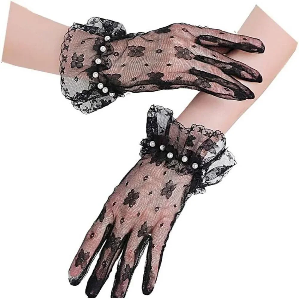 Women's Black#2 Evening Short Bow Pearls Lace Ruffle Gloves Wedding Party Prom
